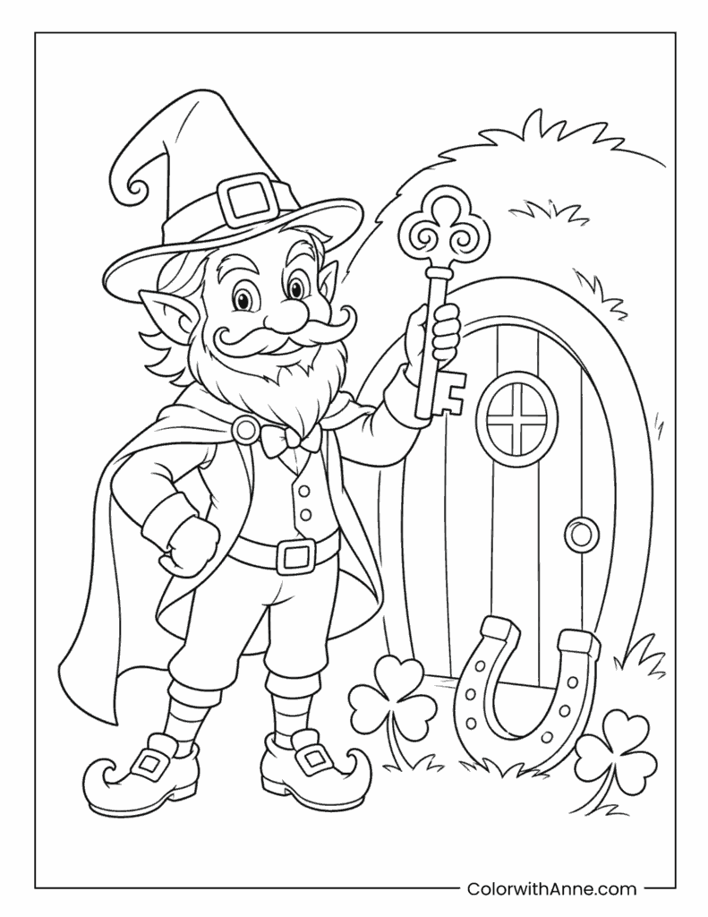 Leprechaun Holding Key By Horseshoe Coloring Page