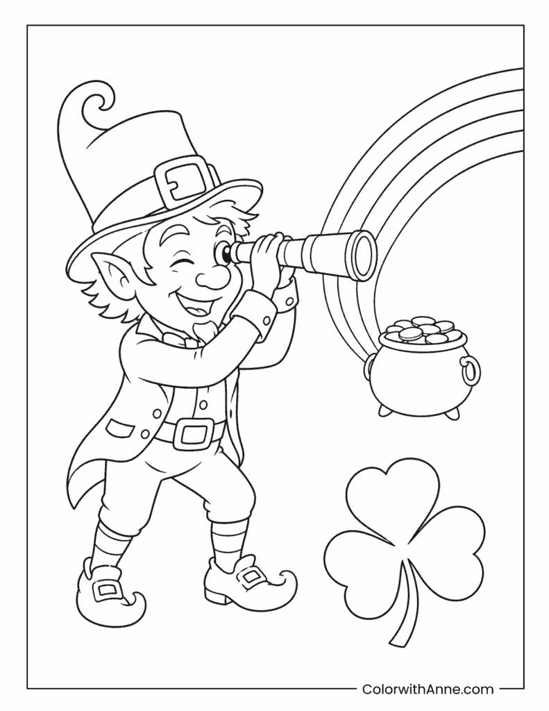 Leprechaun Looking Through Telescope Coloring Page