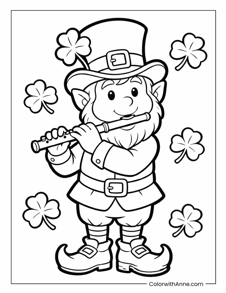Leprechaun Playing Flute Surrounded by Clovers Coloring Page
