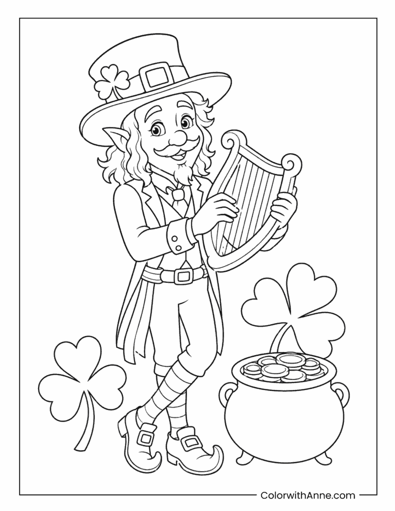 Leprechaun Playing Harp Beside Pot Coloring Page