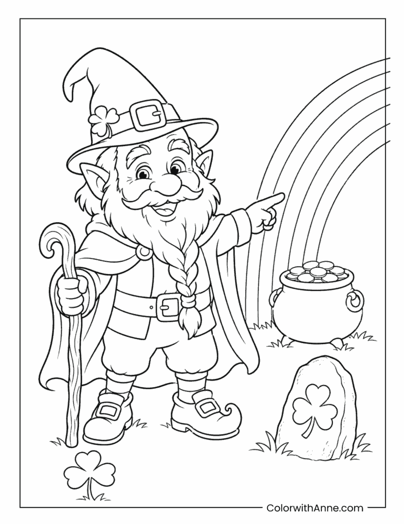 Leprechaun Pointing Toward Rainbow Coloring Page