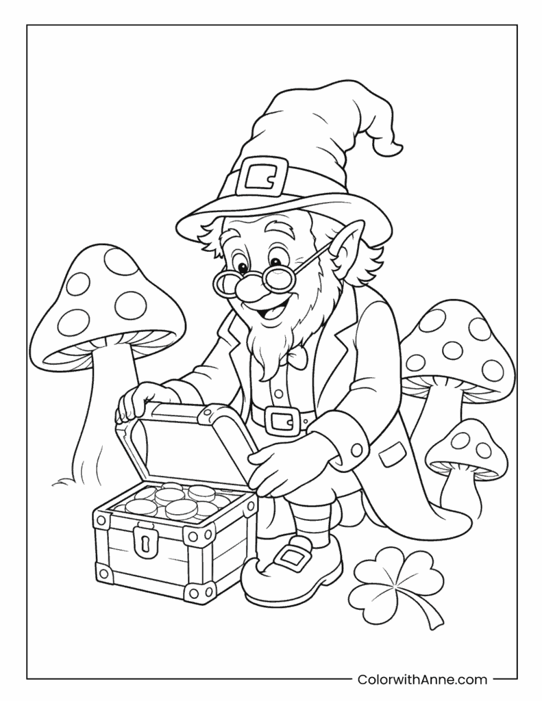Leprechaun Reading Book Among Mushrooms Coloring Page