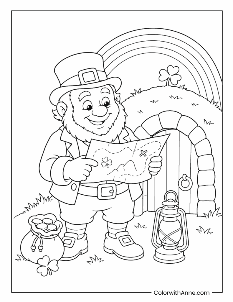 Leprechaun Reading Treasure Map Coloring Page