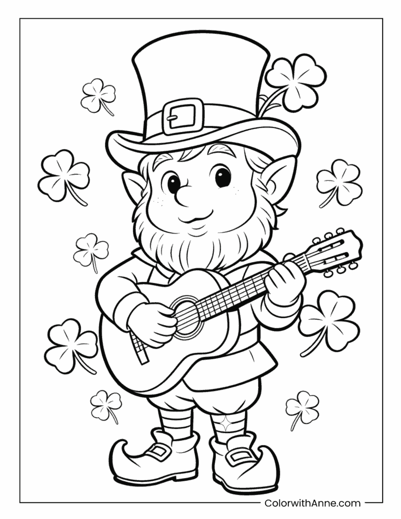 Leprechaun Strumming a Guitar with Clovers Coloring Page