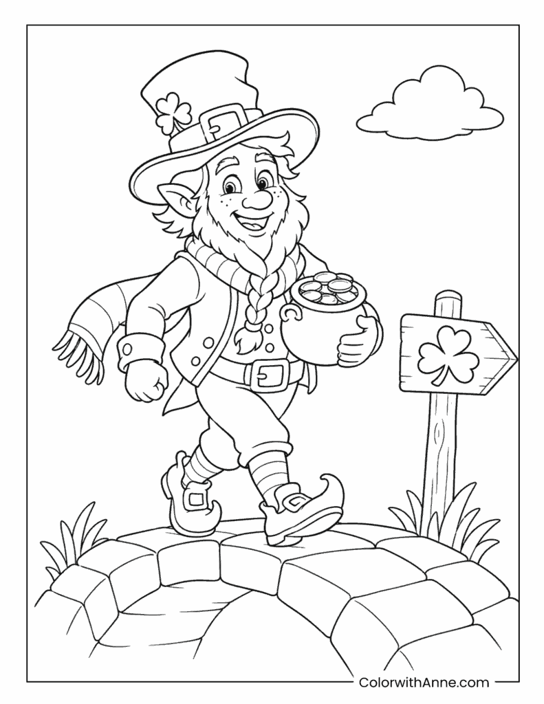 Leprechaun Walking Rainbow Bridge Coloring Page