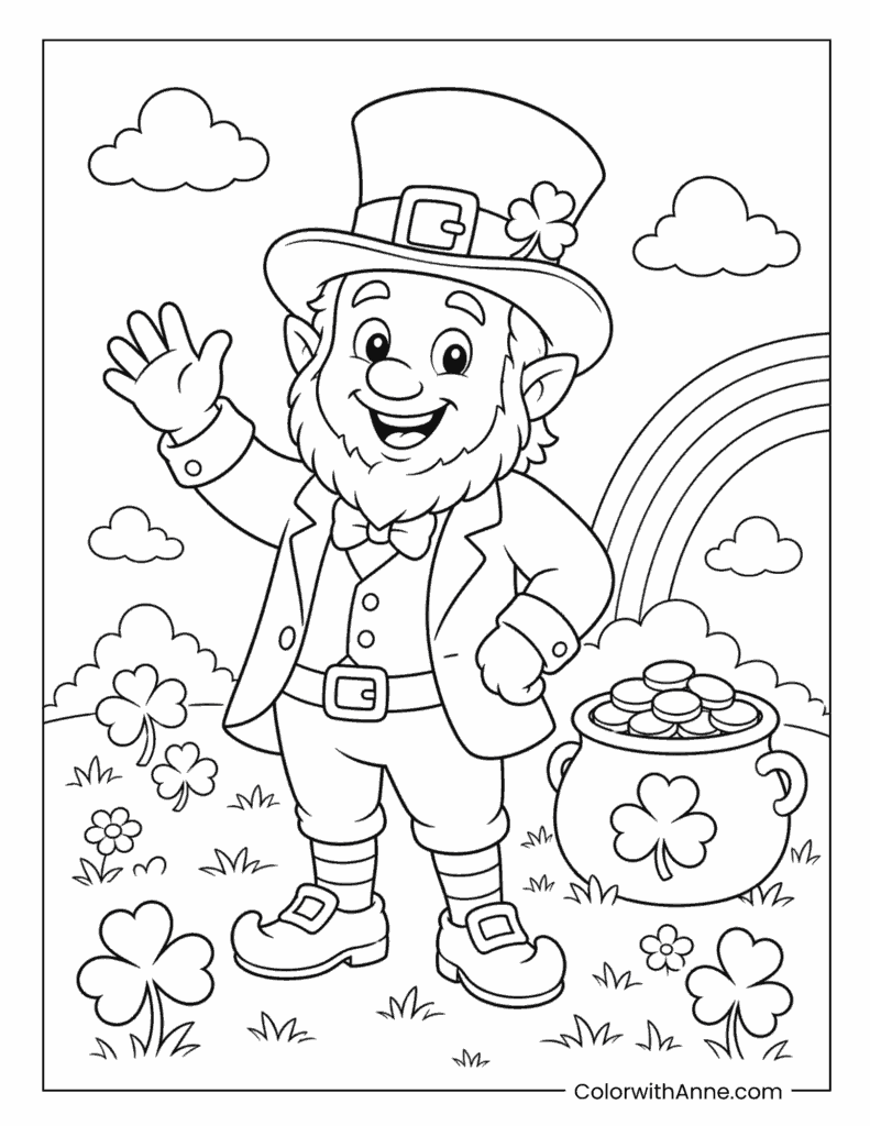 Leprechaun Waving Beside Pot Of Gold Coloring Page