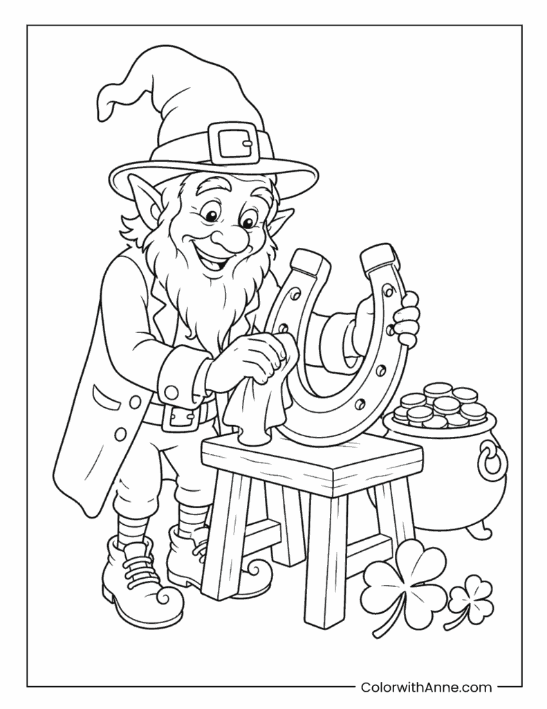 Leprechaun Working With Horseshoe Coloring Page