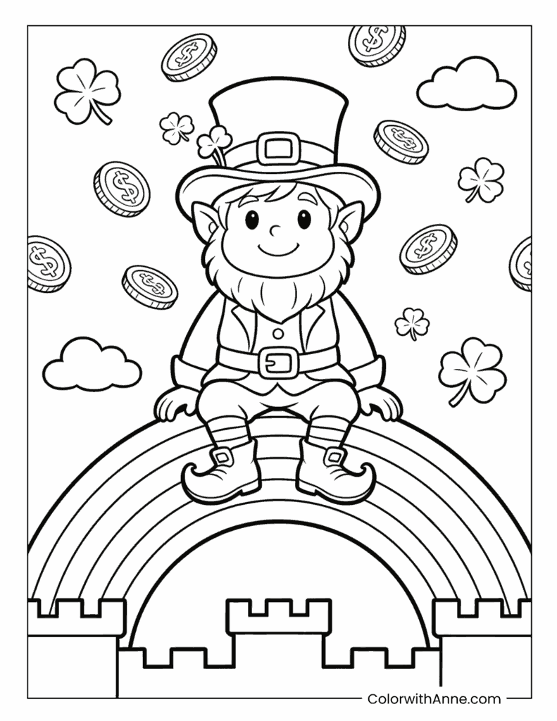 Leprechaun on Rainbow with Castle and Falling Coins Coloring Page