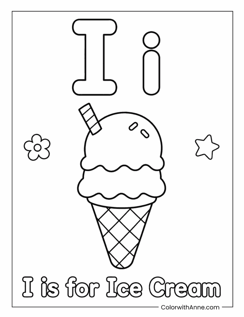 Letter I is for Ice Cream Coloring Page