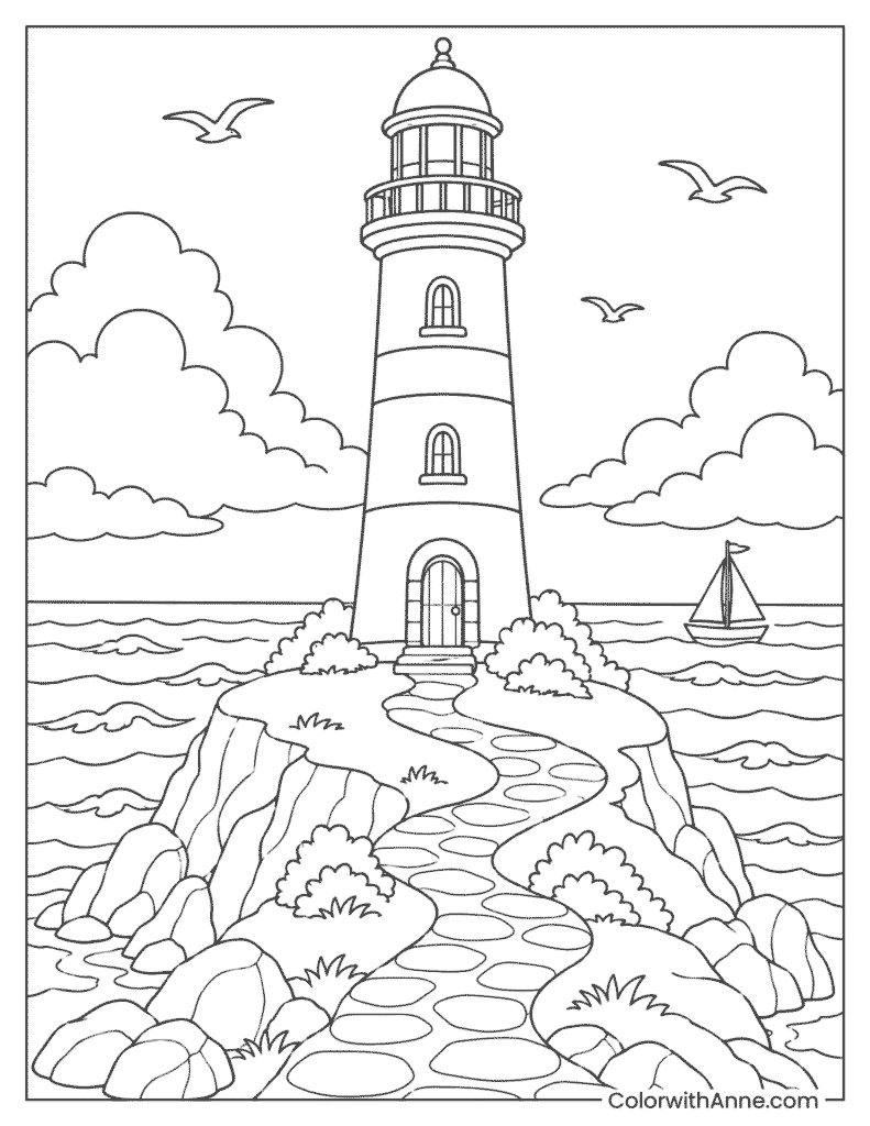 Lighthouse by the Sea Coloring Page