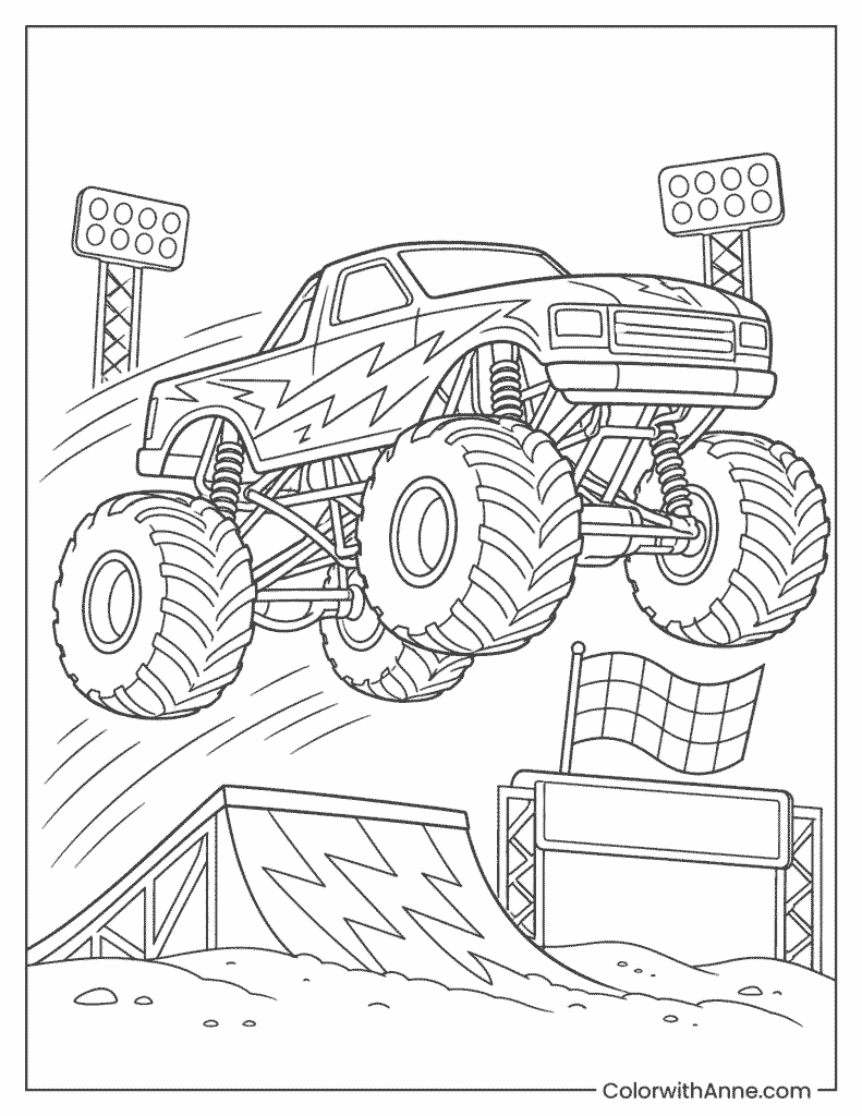 Lightning Monster Truck at the Finish Ramp Coloring Page
