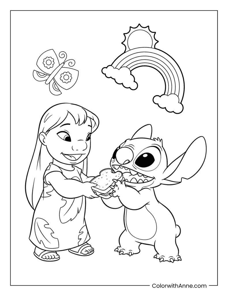 Lilo Sharing a Sandwich with Stitch Coloring Page