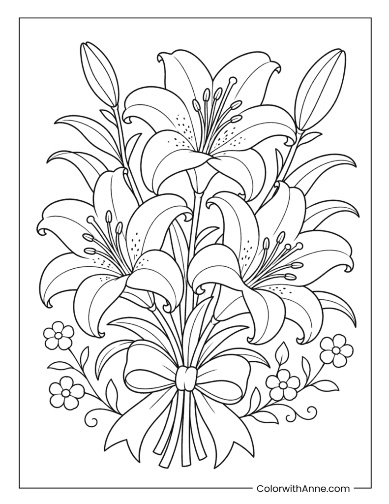 Lily Flower Bouquet with Ribbon Coloring Page