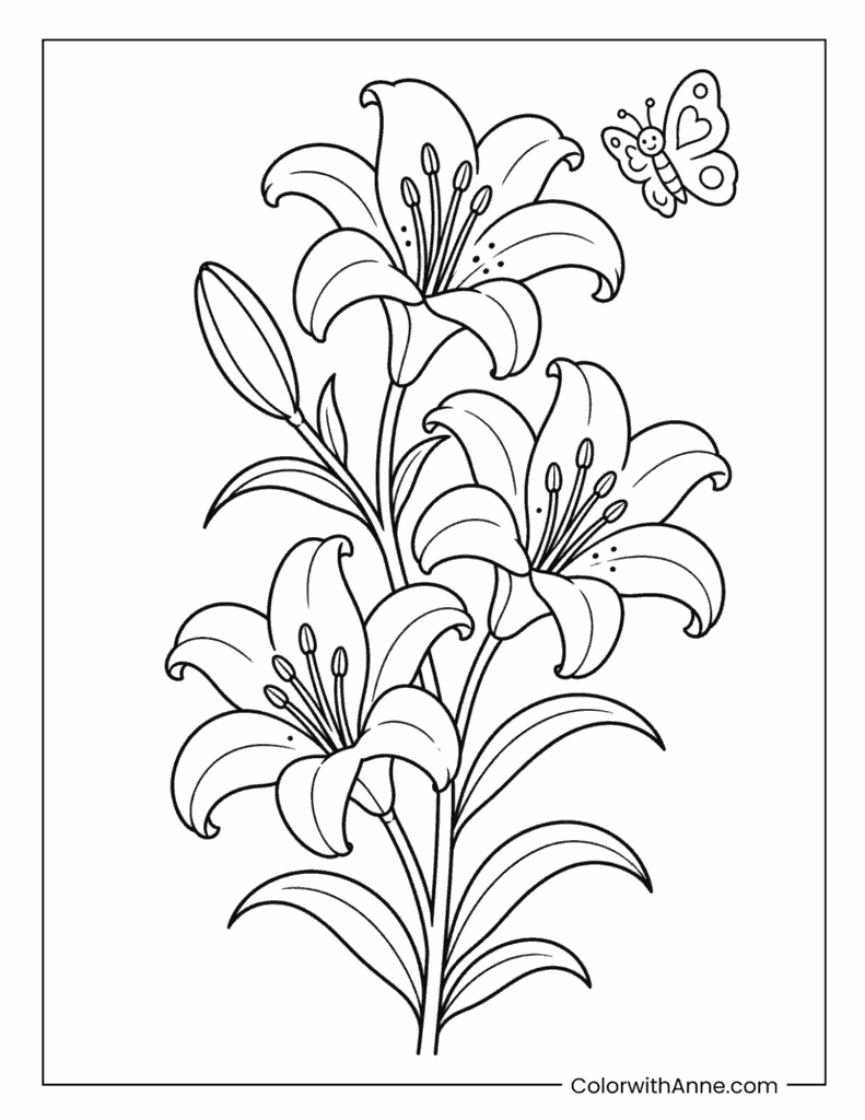 Lily Flowers with Butterfly Coloring Page