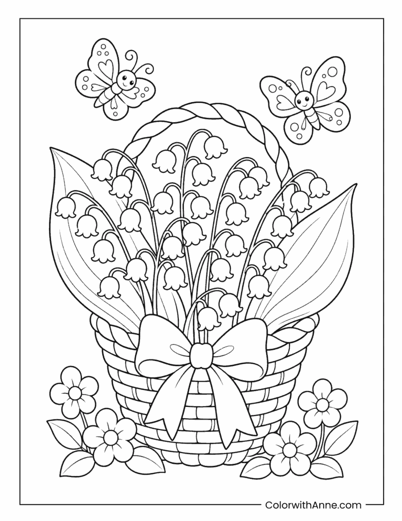 Lily of the Valley Basket with Butterflies Coloring Page