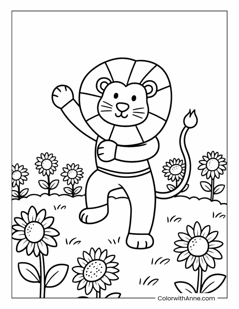 Lion Dancing in a Field of Sunflowers Coloring Page