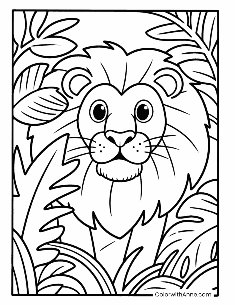 Lion Peeking Out of a Large Bush Coloring Page