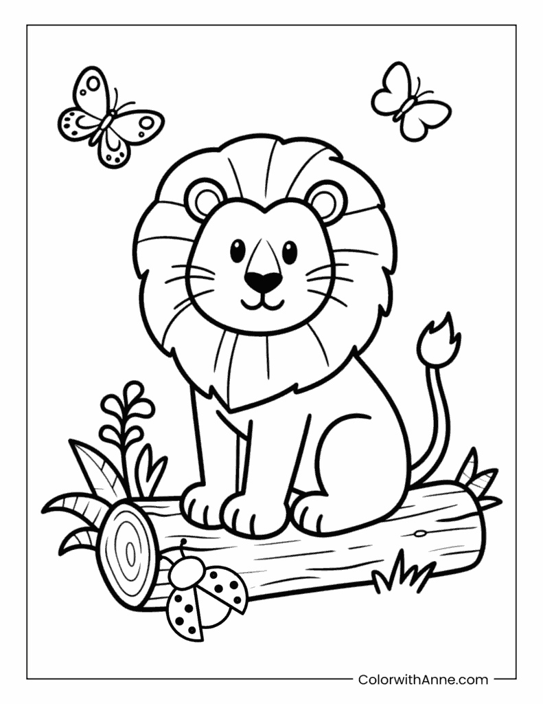 Lion Sitting on a Log Coloring Page