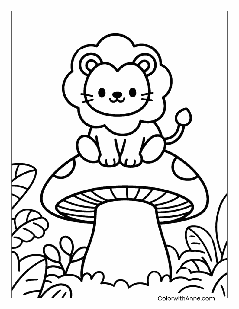 Lion Sitting on a Mushroom Coloring Page
