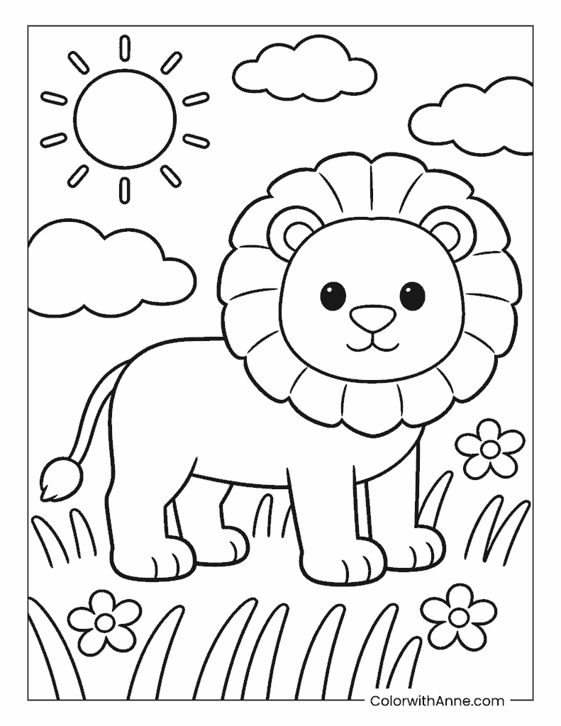 Lion Standing on a Grassy Hill Coloring Page