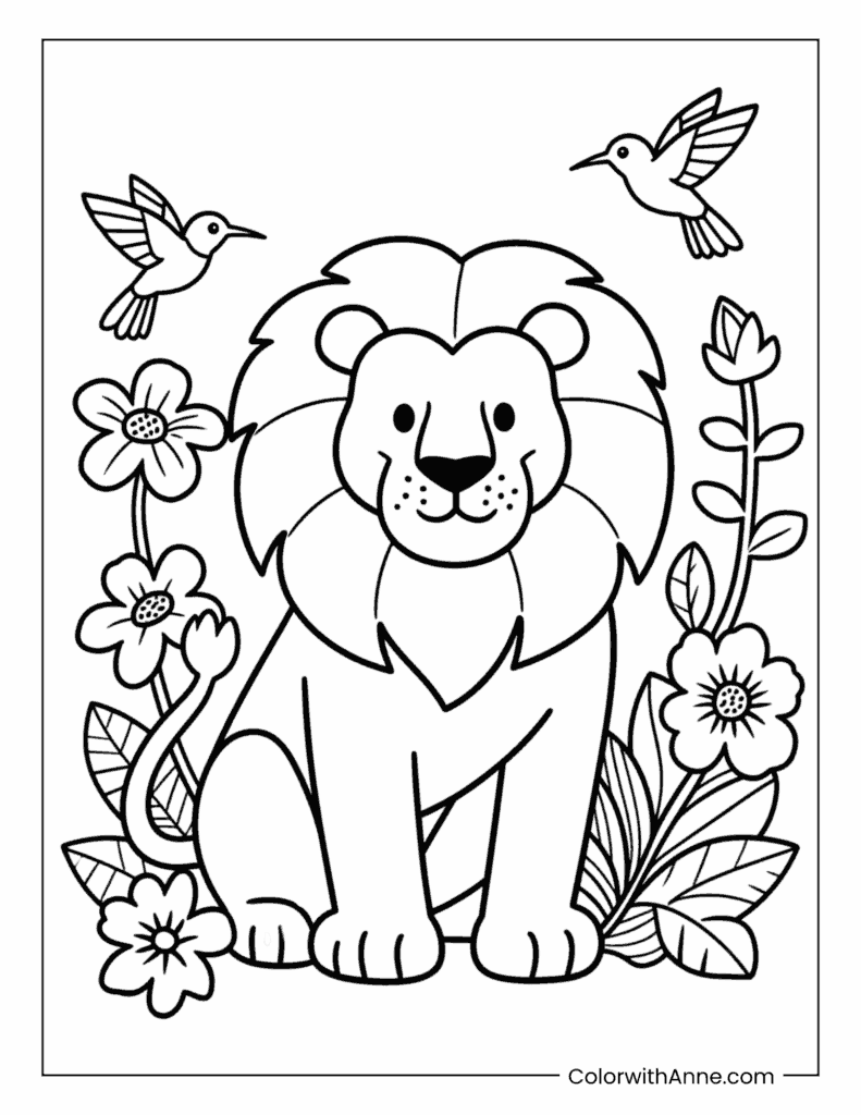 Lion Surrounded by Flowers and Birds Coloring Page