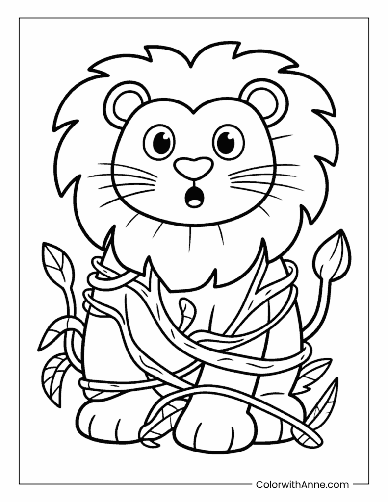 Lion Tangled Up in Jungle Vines Coloring Page