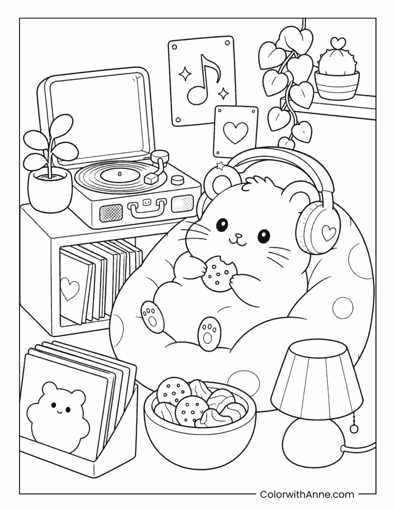 Listening to Music with Cookies Cozy Coloring Page