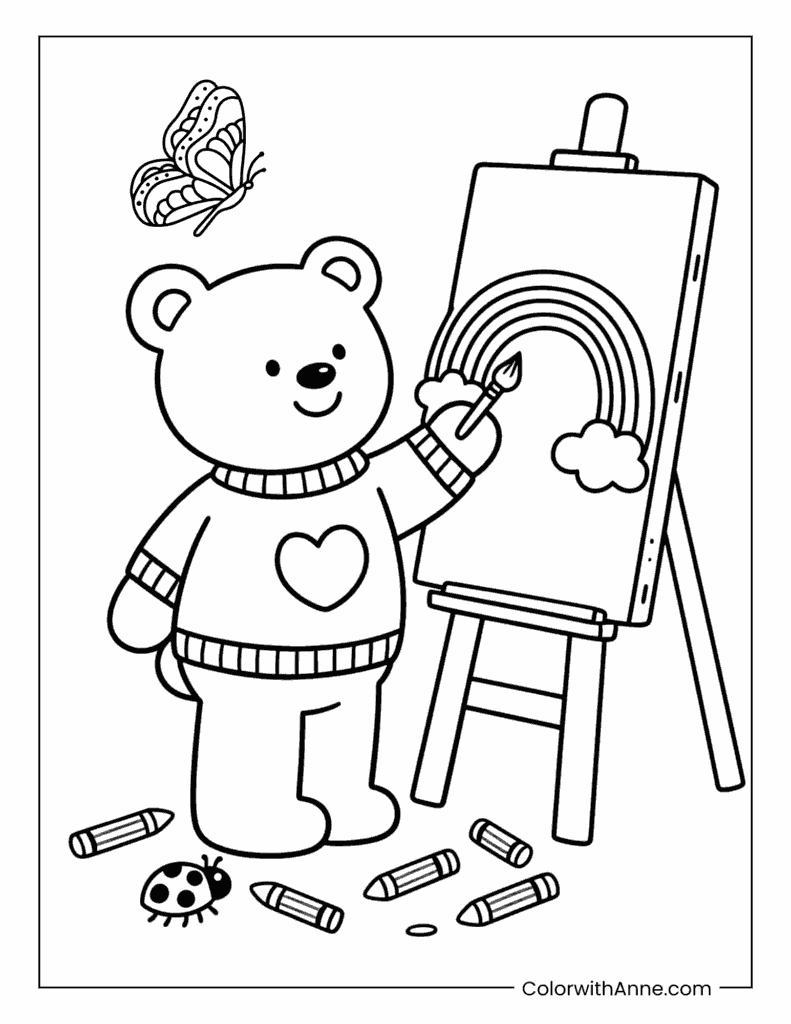 Little Artist Teddy Bear Coloring Page