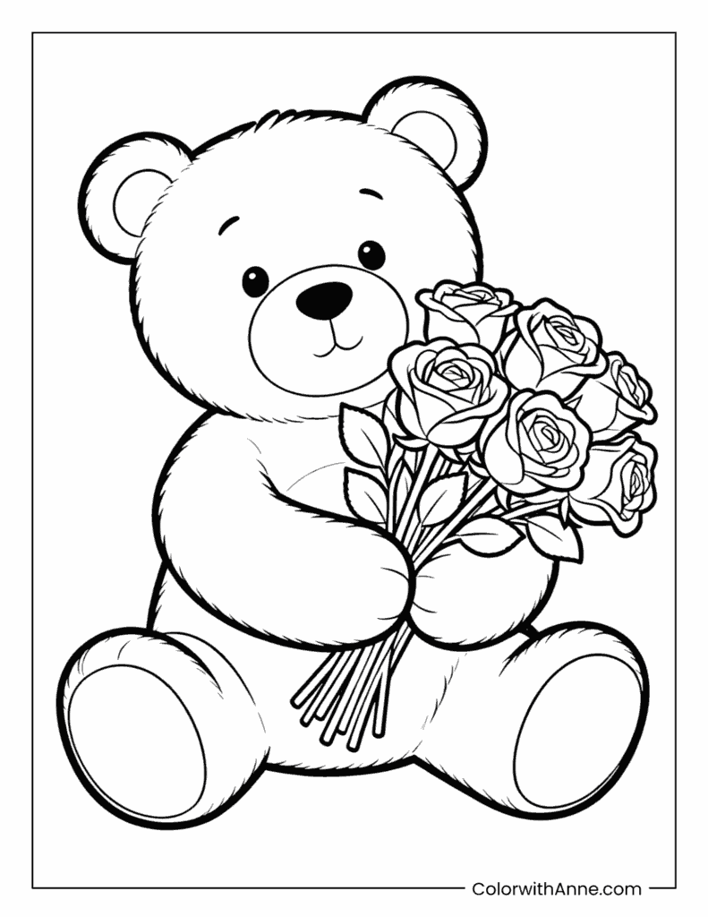 Little Bear with a Rose Bouquet Coloring Page