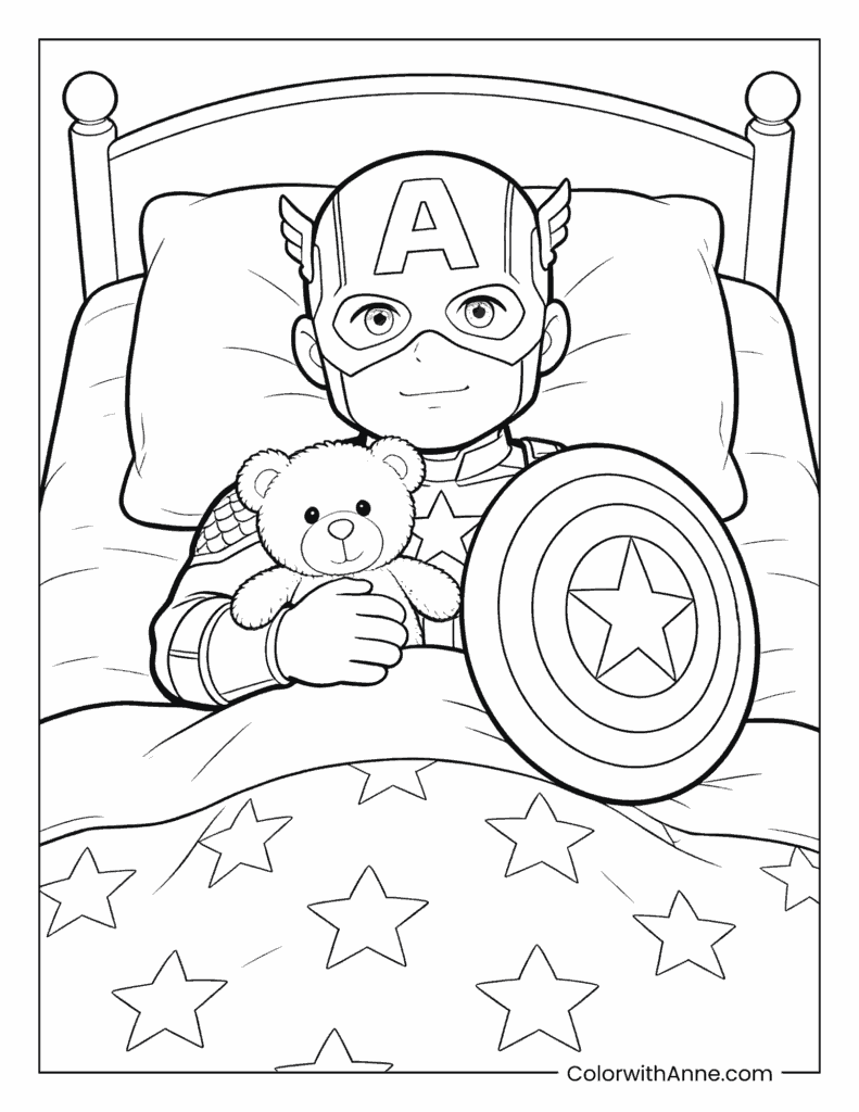 Little Captain America in Bed with Teddy Bear Coloring Page