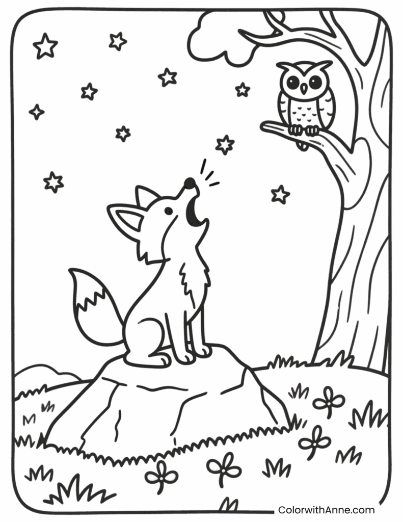 Little Fox Standing on a Rock Coloring Page