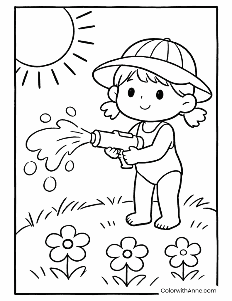 Little Girl Playing with Water Gun Summer Coloring Page
