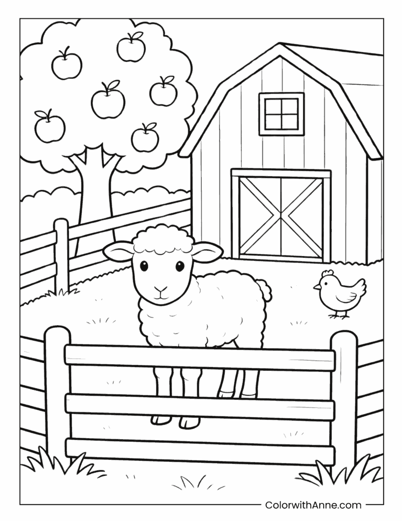 Little Lamb at Farm with Barn and Apple Tree Coloring Page