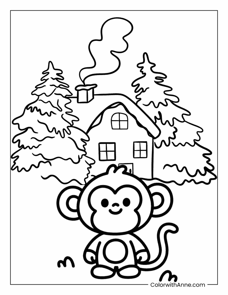 Little Monkey in a Forest Coloring Page