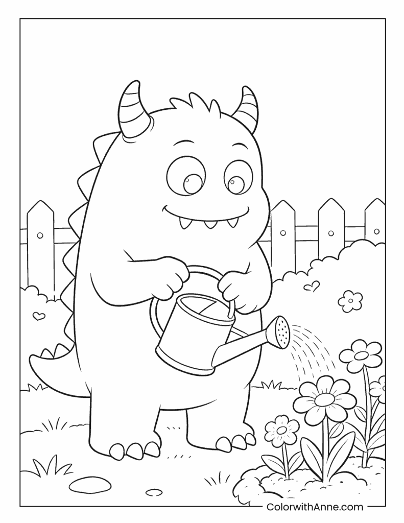 Little Monster Watering Flowers Coloring Page for Kids