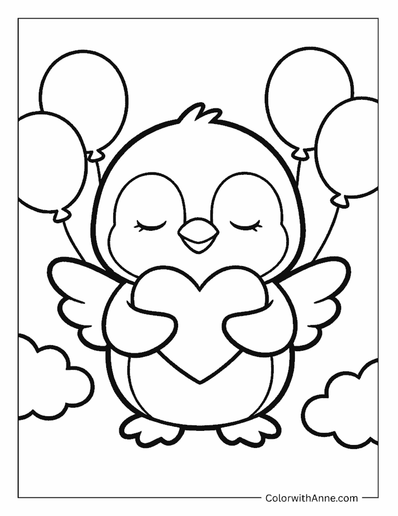 Little Penguin with a Heart and Balloons Coloring Page