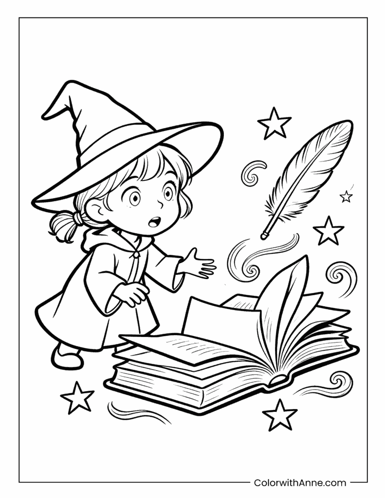 Little Witch with Magic Book and Floating Feather Coloring Page