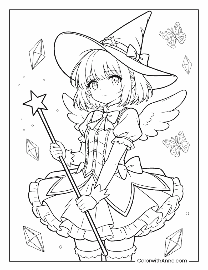 Little Witch with Magic Wand and Wings Coloring Page
