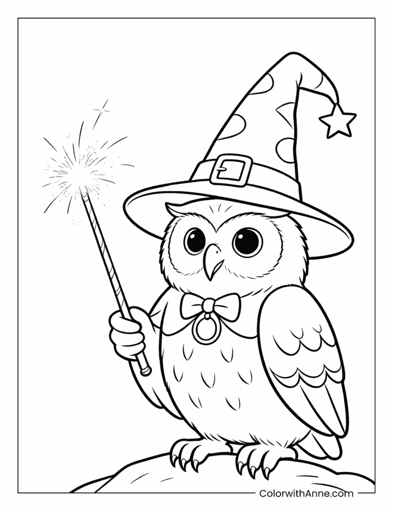 Little Wizard Owl with Magic Wand Coloring Page