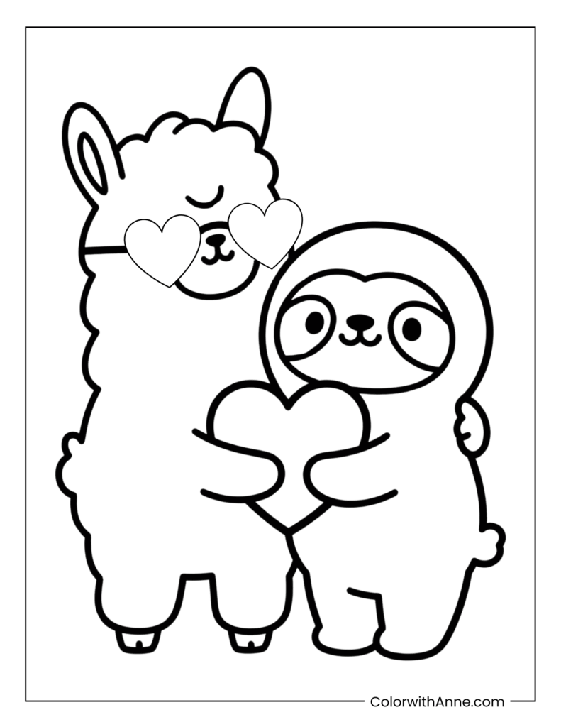 Llama and Sloth Hugging Together Valentine’s Day Coloring Page