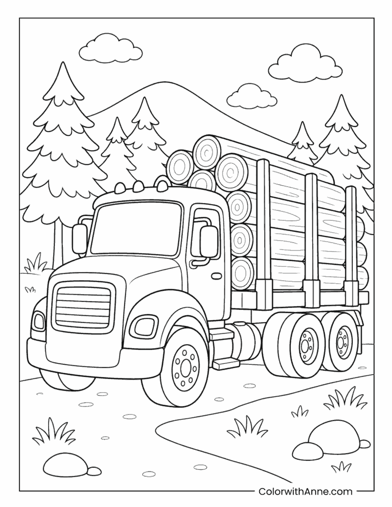 Logging Timber Truck Traveling Through A Pine Forest Coloring Page