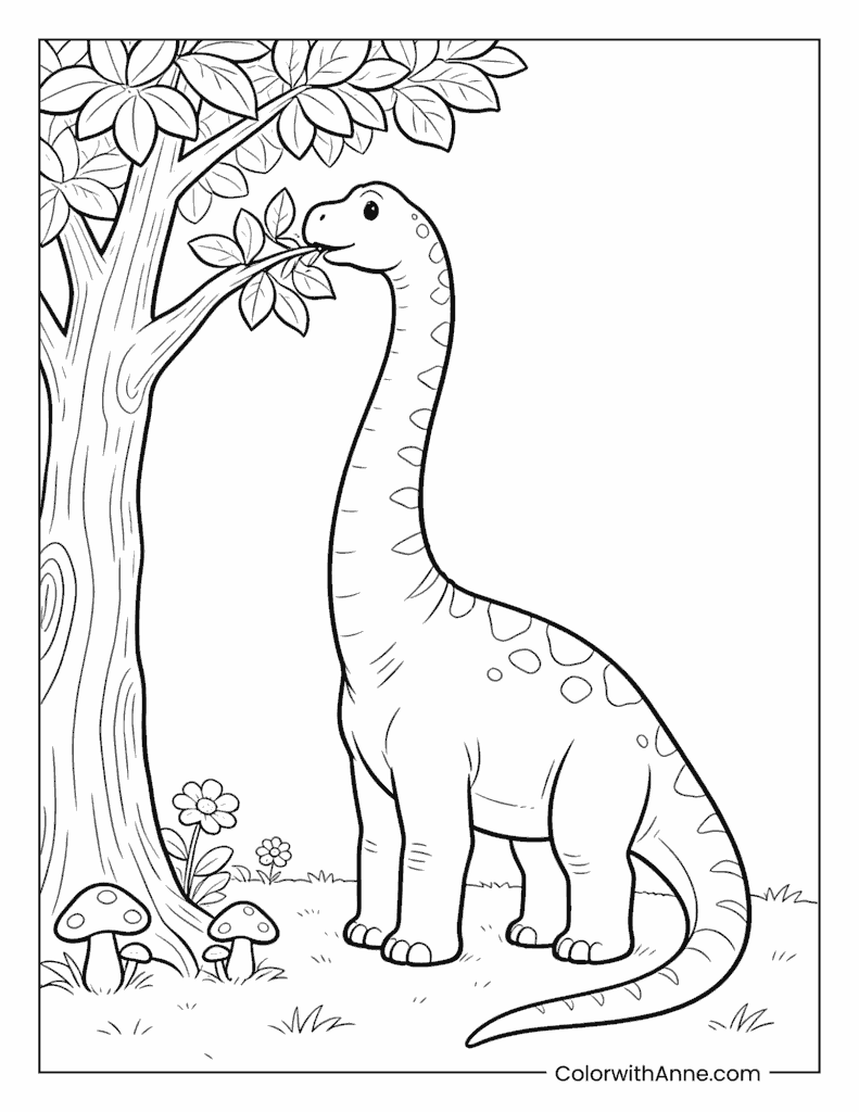 Long-Necked Dinosaur Brachiosaurus Eating Leaves Coloring Page