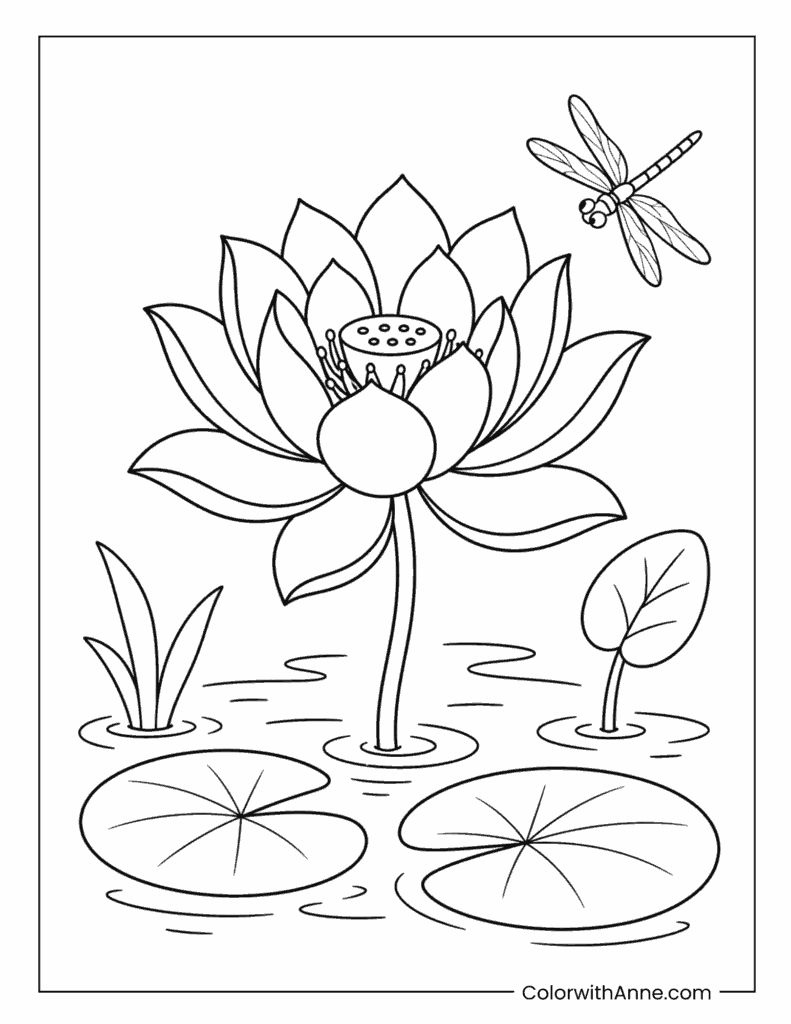 Lotus Flower Pond with Dragonfly Coloring Page