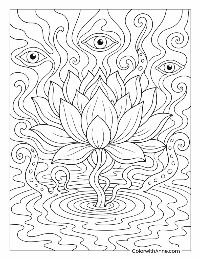Lotus Flower With Mystic Eyes Trippy Coloring Page