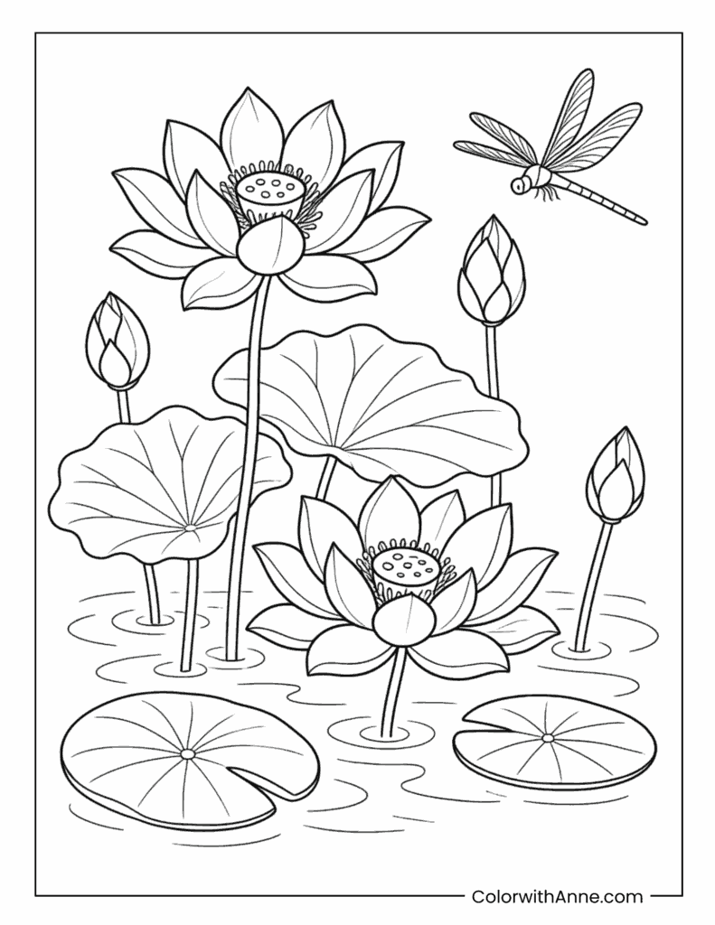 Lotus Pond with Dragonfly Coloring Page