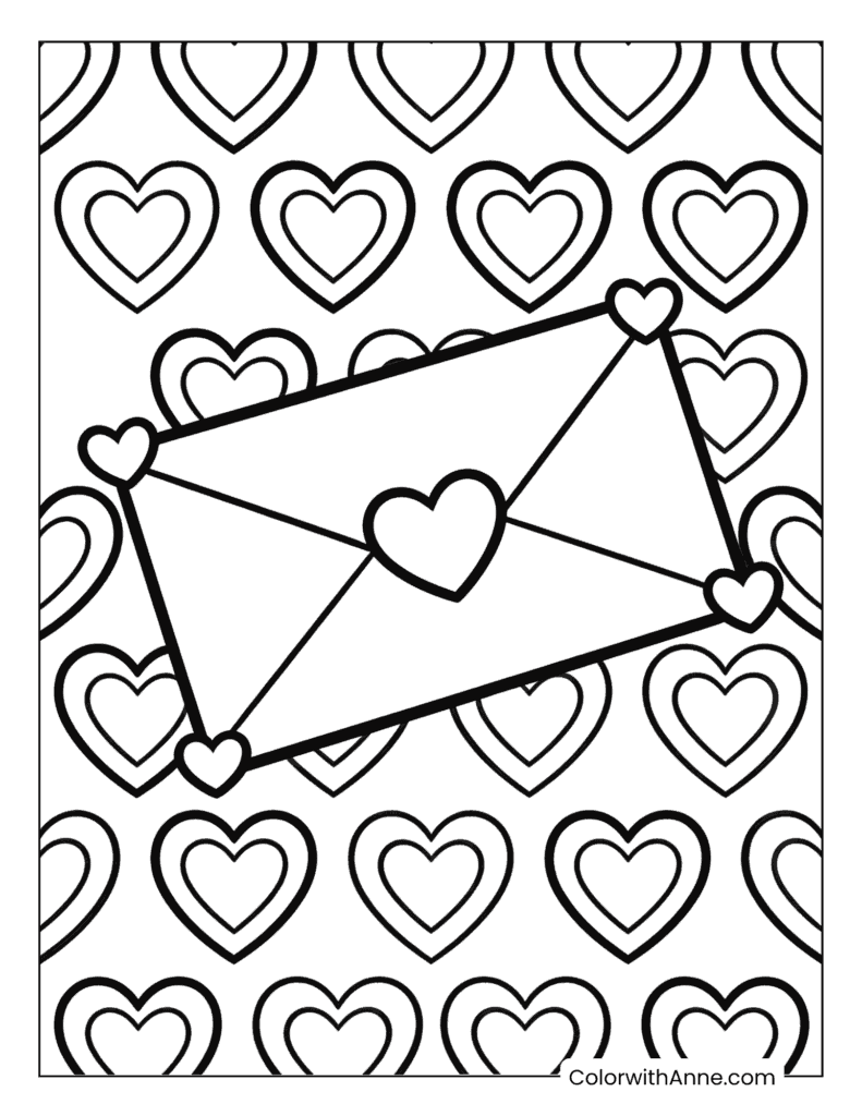 Love Letter Envelope with Heart Background Valentine's Day Coloring Page