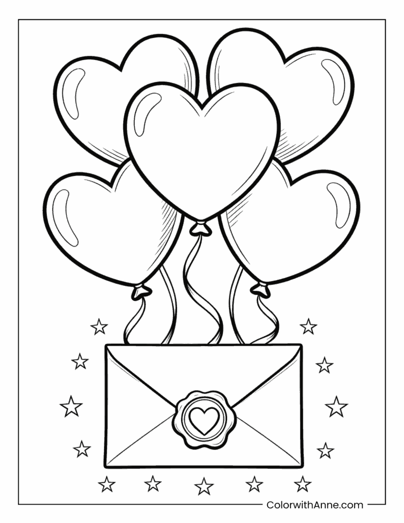Love Letter with Heart Balloons and Stars Valentine's Day Coloring Page