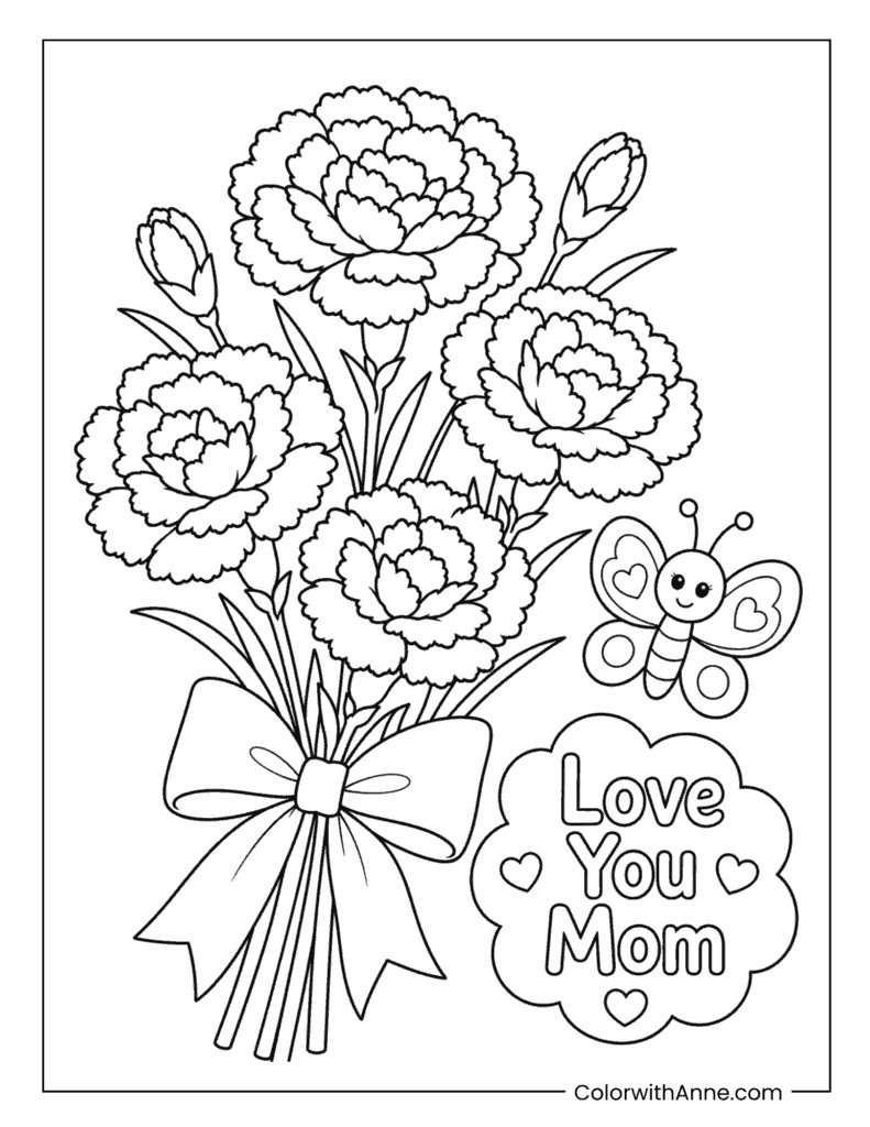 Love You Mom Carnation Bouquet Coloring Page