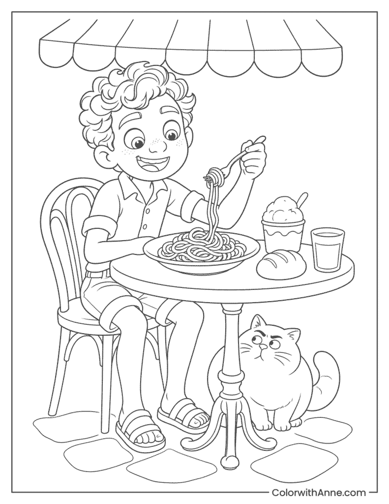 Luca Eating Pasta with Machiavelli Coloring Page