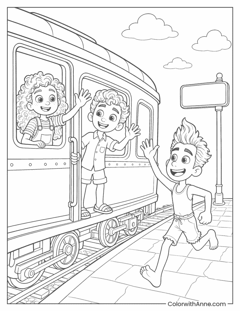 Luca and Alberto Train Station Goodbye Coloring Page